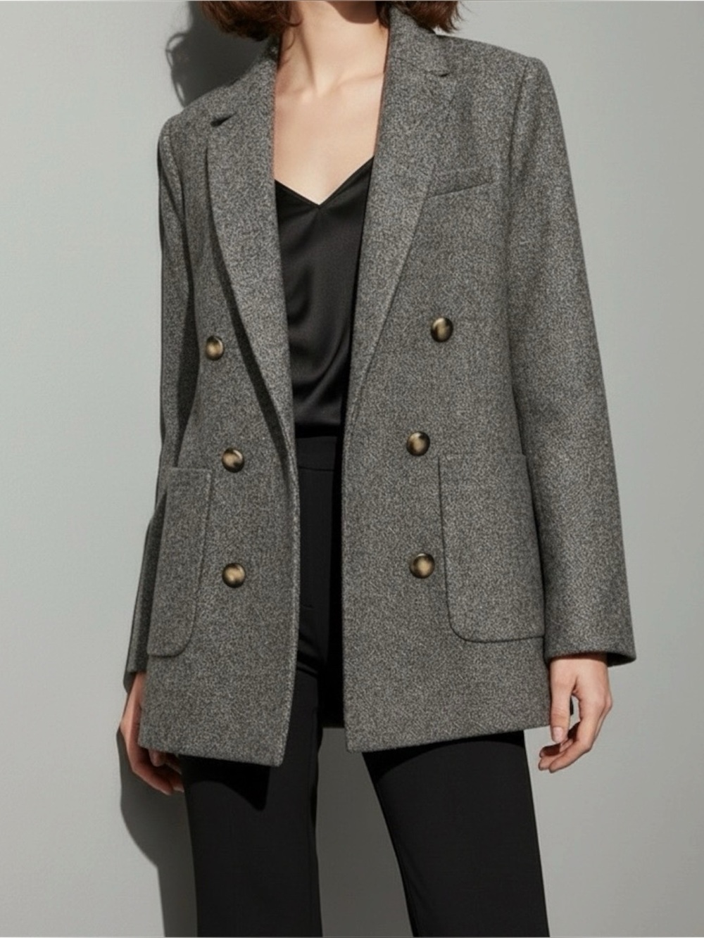 SÉZANE Michelle Double-Breasted  Wool Suit Jacket, Mottled Grey, FR42/US10
